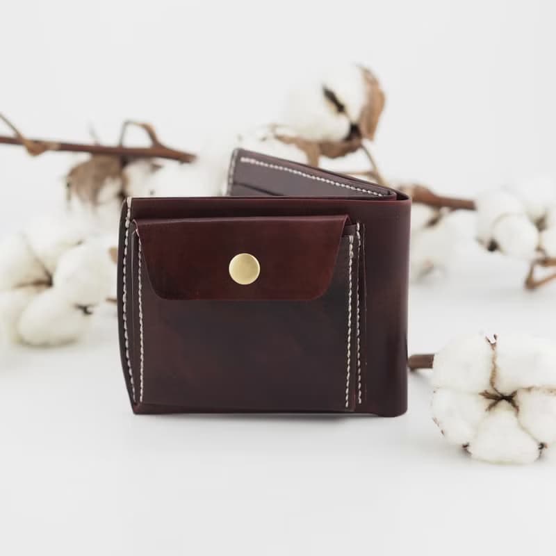 簡約皮革短夾 皮夾  咖啡紅色  手工製作