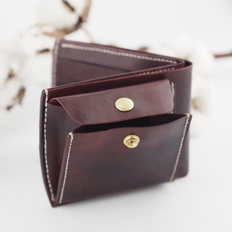 簡約皮革短夾 皮夾  咖啡紅色  手工製作