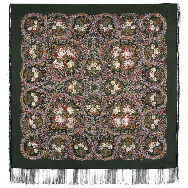 Pavlovo Posad Russian Shawl 100% Wool Scarf 125x125 cm Wrap Silk Fringe 1827-10