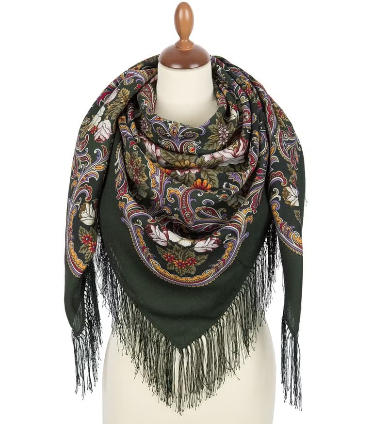 Pavlovo Posad Russian Shawl 100% Wool Scarf 125x125 cm Wrap Silk Fringe 1827-10