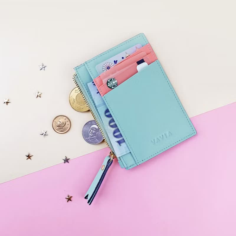 Mint Blue & Coral Pink: Zipped Card Purse / Cow Leather