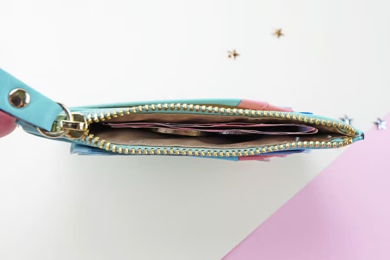 Mint Blue & Coral Pink: Zipped Card Purse / Cow Leather