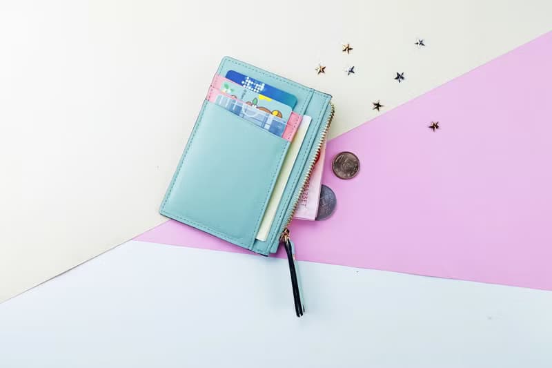 Mint Blue & Coral Pink: Zipped Card Purse / Cow Leather