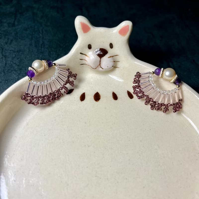 A Lu 銀杏扇葉珠花耳針耳飾/飾品/純手工編製 原創限量款