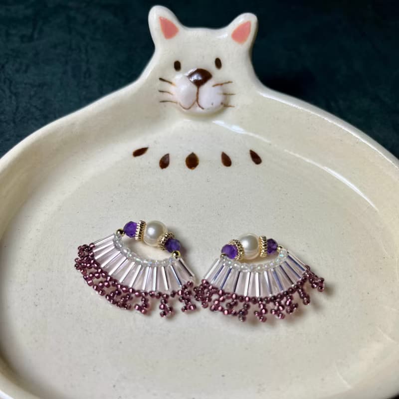 A Lu 銀杏扇葉珠花耳針耳飾/飾品/純手工編製 原創限量款