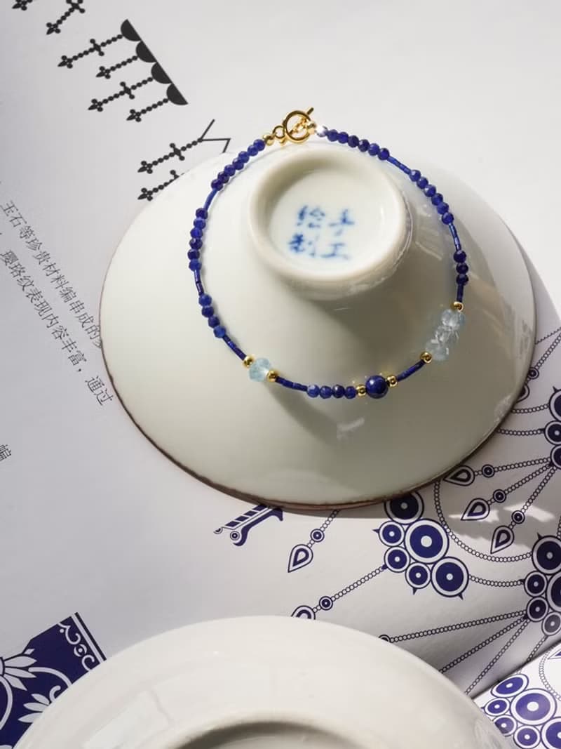 原創手工青花瓷青金石海藍寶手鏈S925銀好運手鏈生日禮物