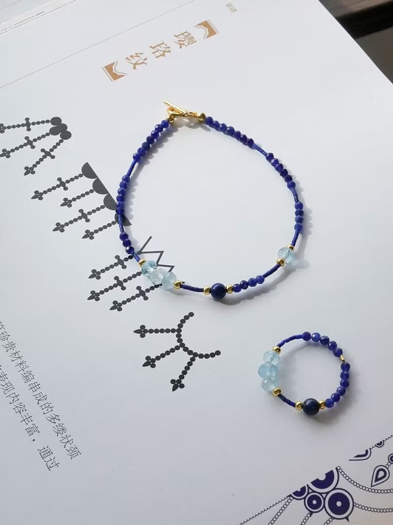 原創手工青花瓷青金石海藍寶手鏈S925銀好運手鏈生日禮物