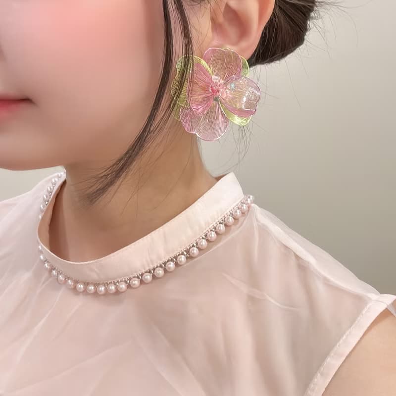 小華麗大花花 垂墜耳環 貼耳式耳環 不對稱設計 耳夾 耳針