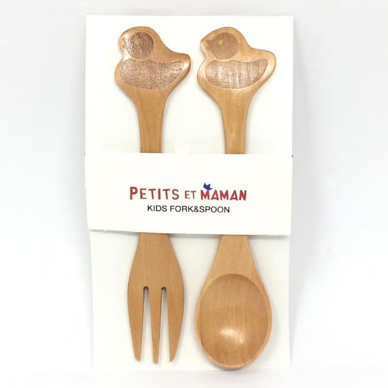【SPICE】日本 PETIT'S MAMAN 兒童 天然木頭叉子&湯匙套組-鴨子