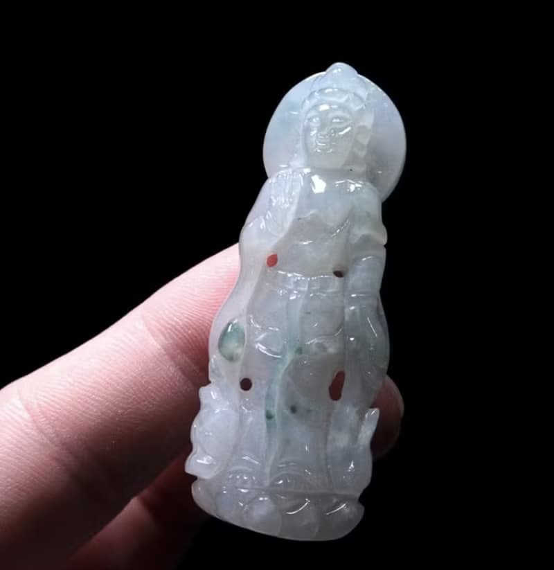 冰種飄花翡翠精雕站蓮觀音菩薩 | 天然緬甸玉翡翠A貨 | 送禮