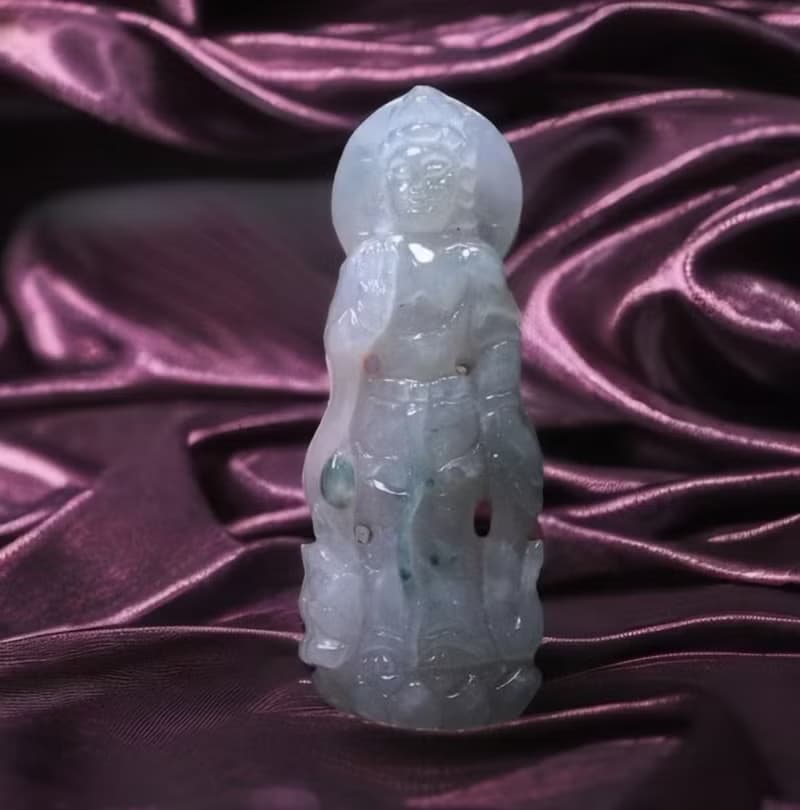 冰種飄花翡翠精雕站蓮觀音菩薩 | 天然緬甸玉翡翠A貨 | 送禮