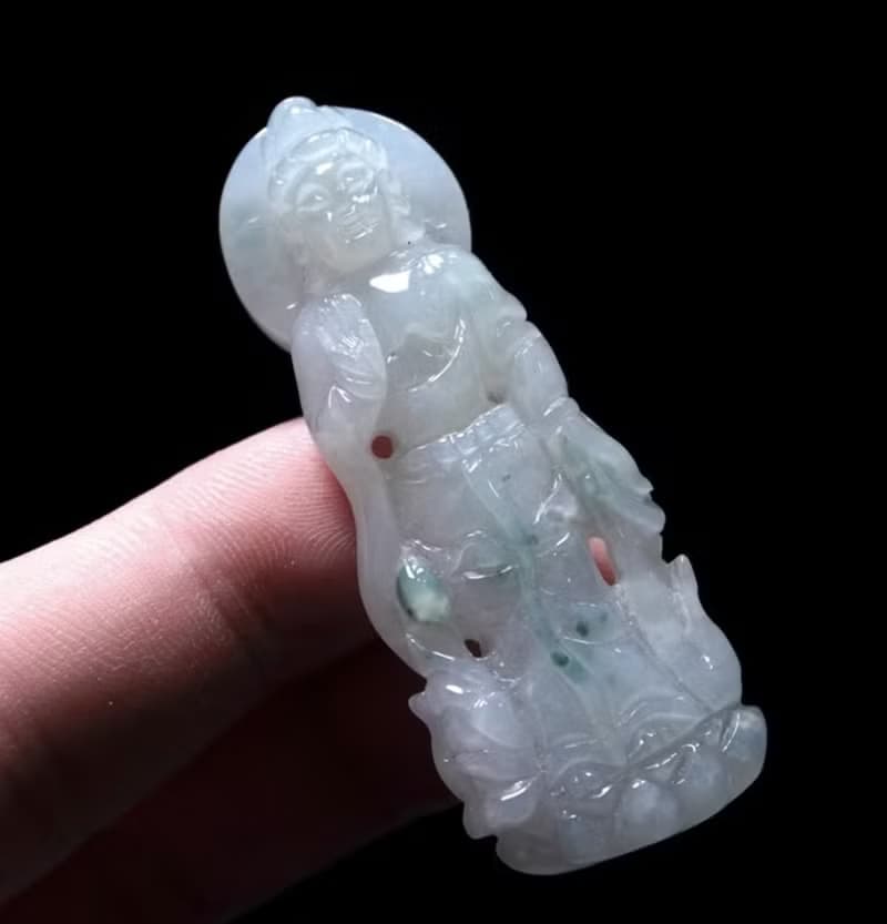 冰種飄花翡翠精雕站蓮觀音菩薩 | 天然緬甸玉翡翠A貨 | 送禮