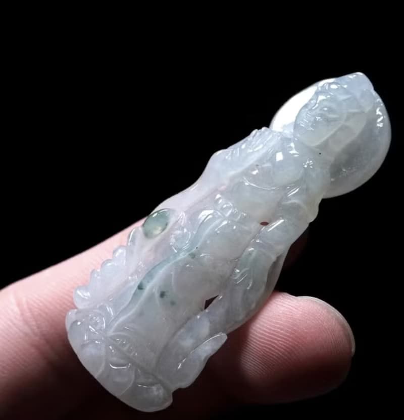 冰種飄花翡翠精雕站蓮觀音菩薩 | 天然緬甸玉翡翠A貨 | 送禮
