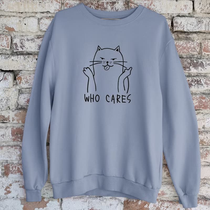 Who Cares Cat #2 中性大學T 刷毛 藍灰色 貓毛小孩聖誕交換禮物