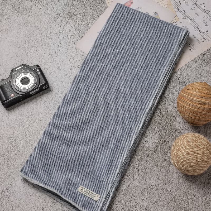 【窄版】喀什米爾羊毛圍巾 深藍斜紋 脖圍 手工機織