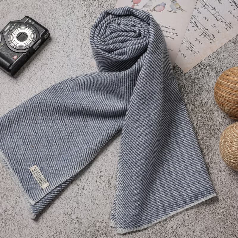 【窄版】喀什米爾羊毛圍巾 深藍斜紋 脖圍 手工機織