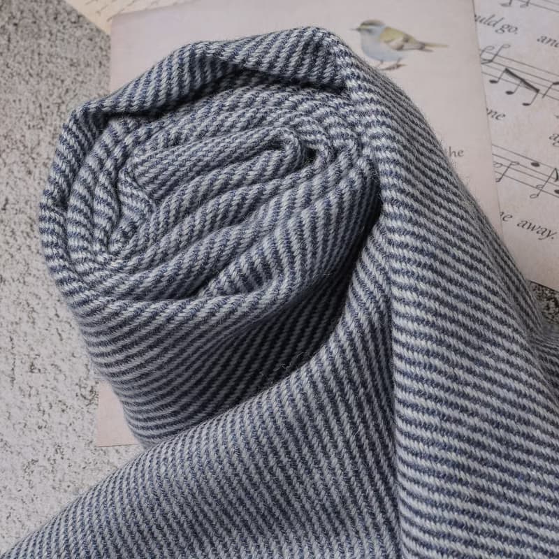 【窄版】喀什米爾羊毛圍巾 深藍斜紋 脖圍 手工機織