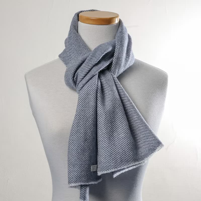 【窄版】喀什米爾羊毛圍巾 深藍斜紋 脖圍 手工機織
