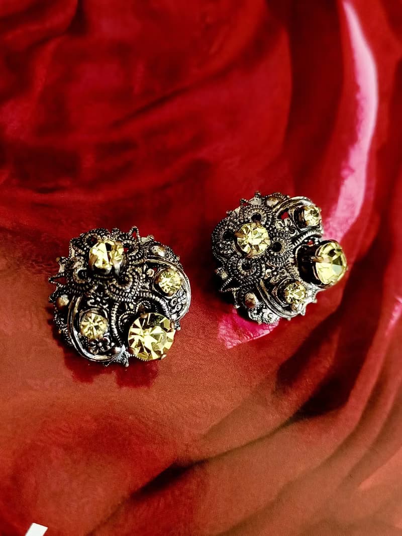 vintage jewelry  西德製 古董儽絲綴萊茵鑽造型 夾式耳環