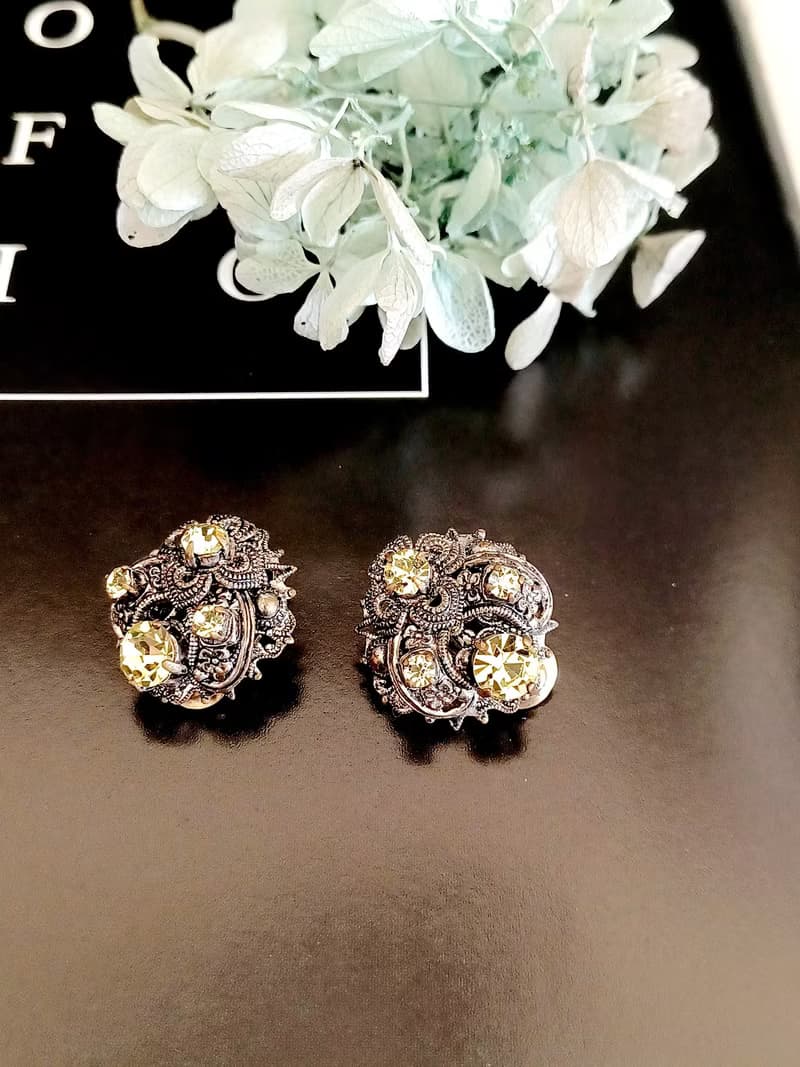 vintage jewelry  西德製 古董儽絲綴萊茵鑽造型 夾式耳環