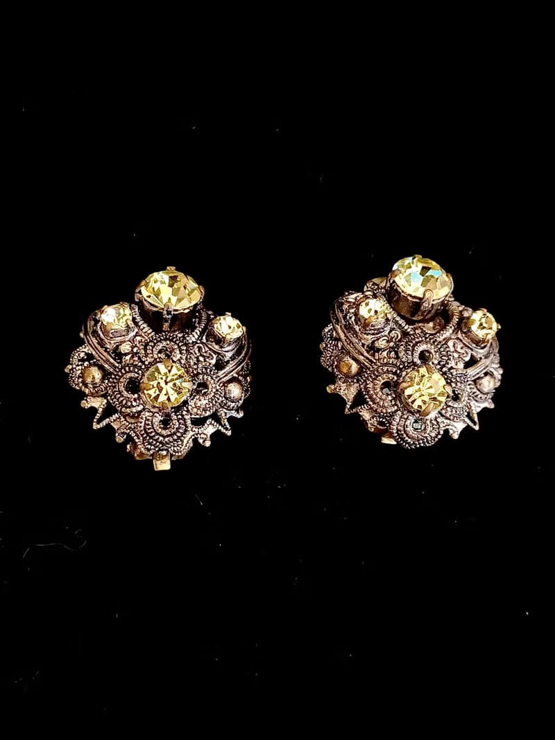 vintage jewelry  西德製 古董儽絲綴萊茵鑽造型 夾式耳環