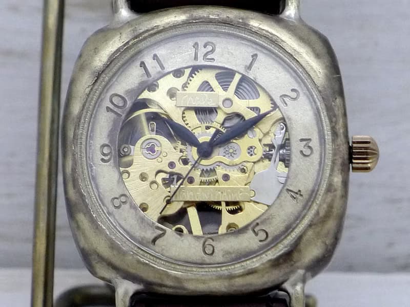 手作り腕時計 BHW128 手巻きBrass(真鍮)36mmクッションケース ミシンステッチBR アラビア数字 Hand craft watch