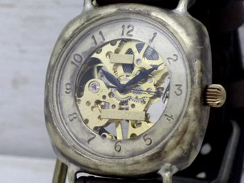 手作り腕時計 BHW128 手巻きBrass(真鍮)36mmクッションケース ミシンステッチBR アラビア数字 Hand craft watch