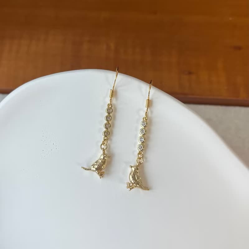 14K包金 金色小鑽復古麻雀耳環 小鳥耳環 耳夾 14KGF