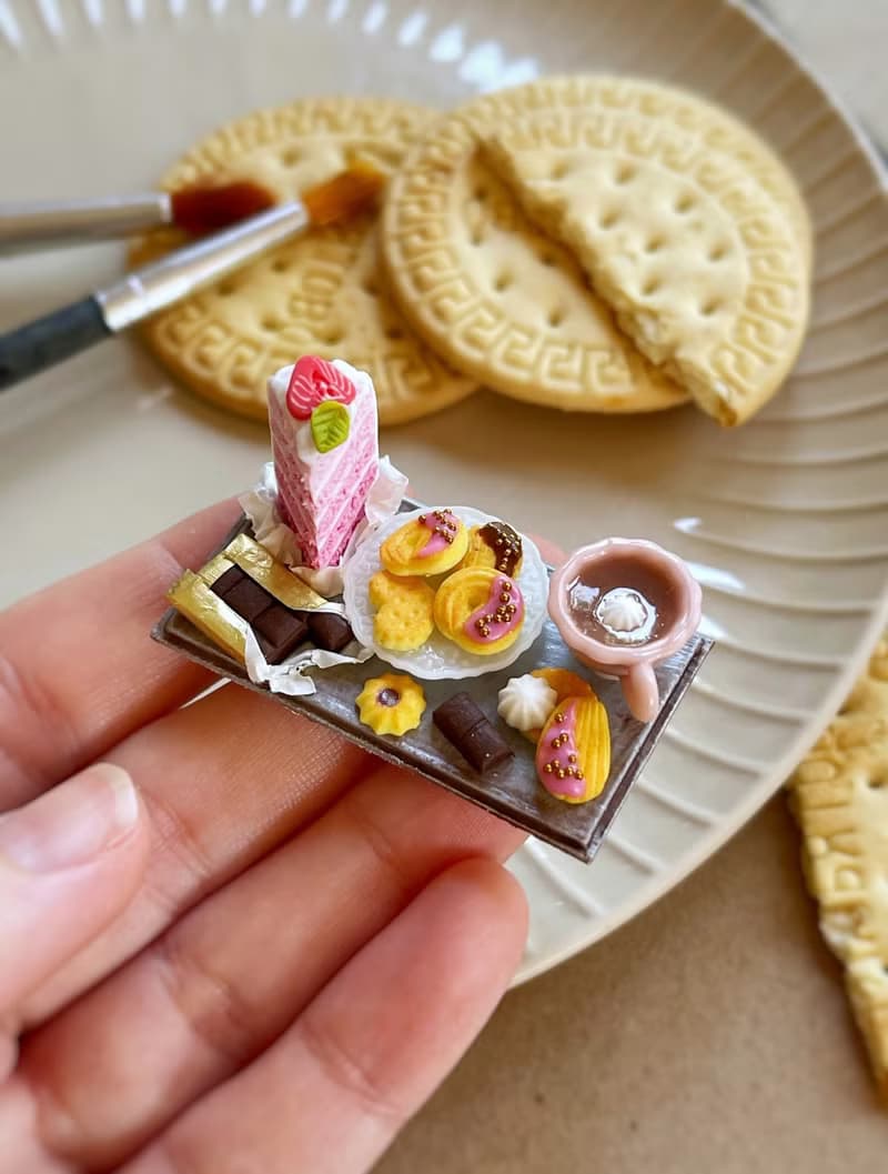 Miniature set of a piece of cake with strawberries, chocolate and a cup of tea