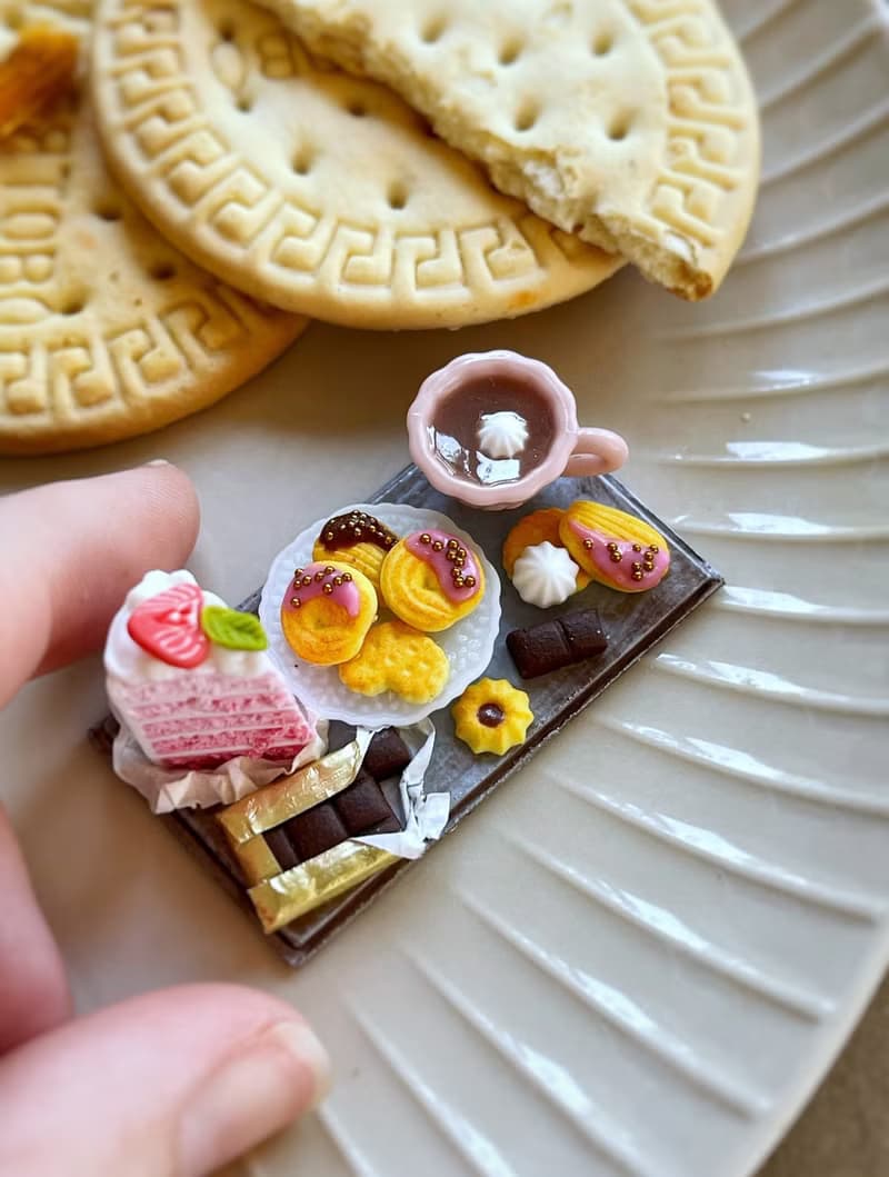 Miniature set of a piece of cake with strawberries, chocolate and a cup of tea
