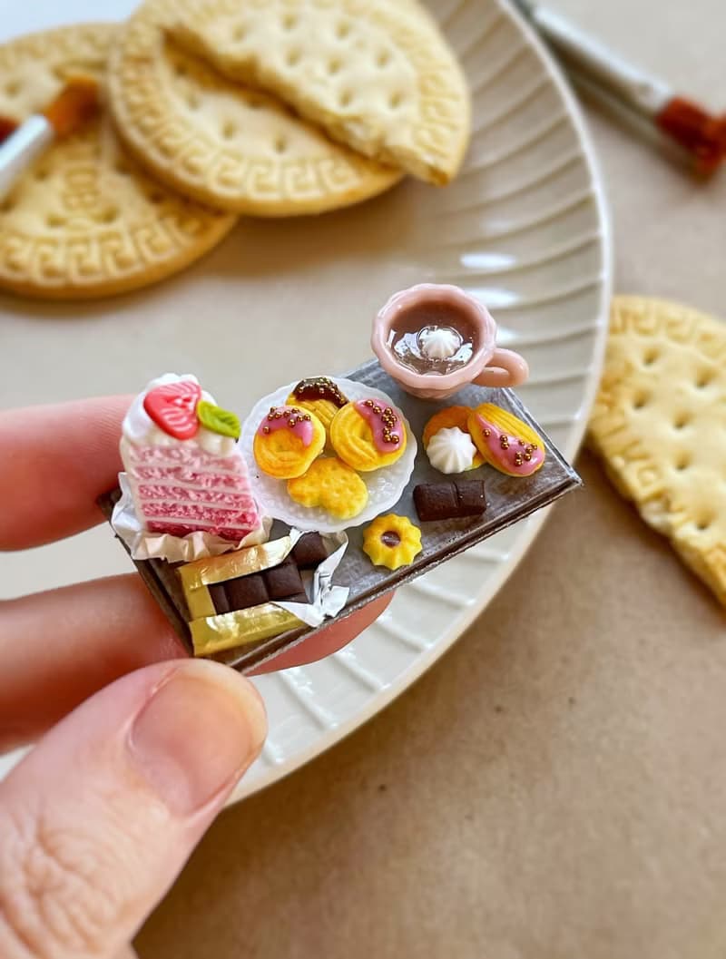 Miniature set of a piece of cake with strawberries, chocolate and a cup of tea