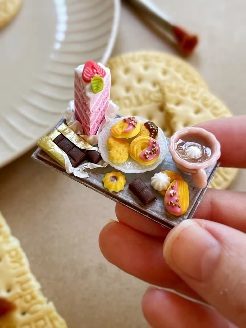Miniature set of a piece of cake with strawberries, chocolate and a cup of tea