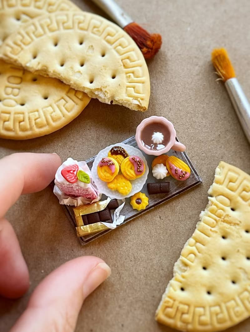 Miniature set of a piece of cake with strawberries, chocolate and a cup of tea