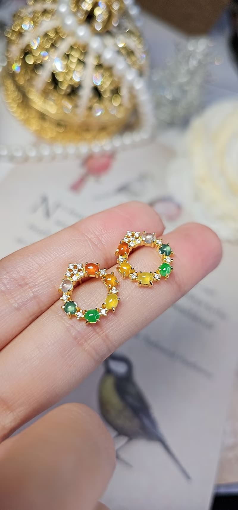 |幸運彩虹|緬甸翡翠冰玻多寶彩虹蛋面3.5mm純銀鍍18k黃多顆耳環