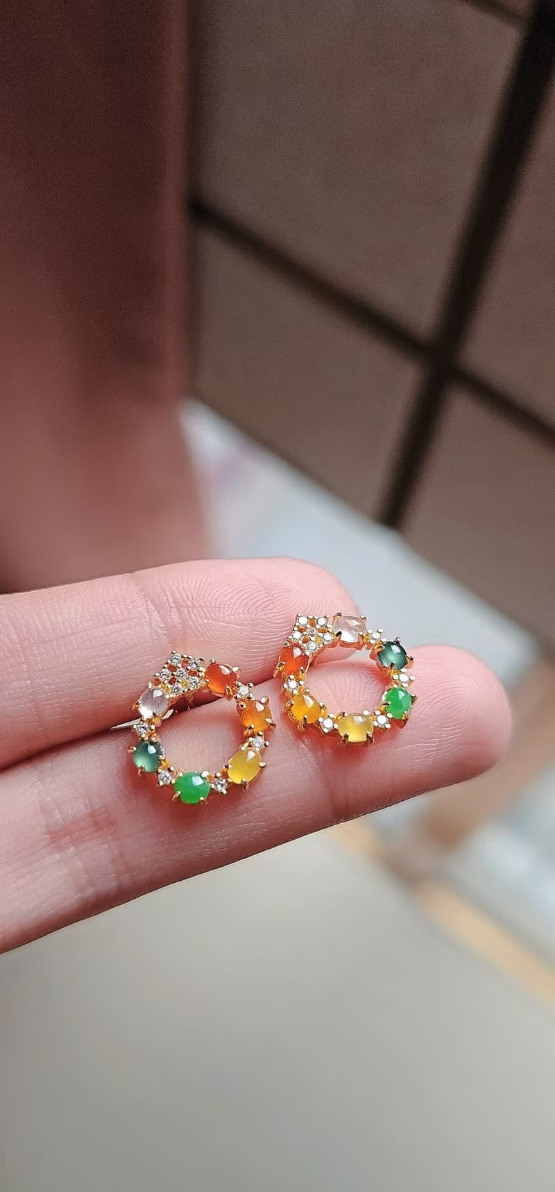 |幸運彩虹|緬甸翡翠冰玻多寶彩虹蛋面3.5mm純銀鍍18k黃多顆耳環