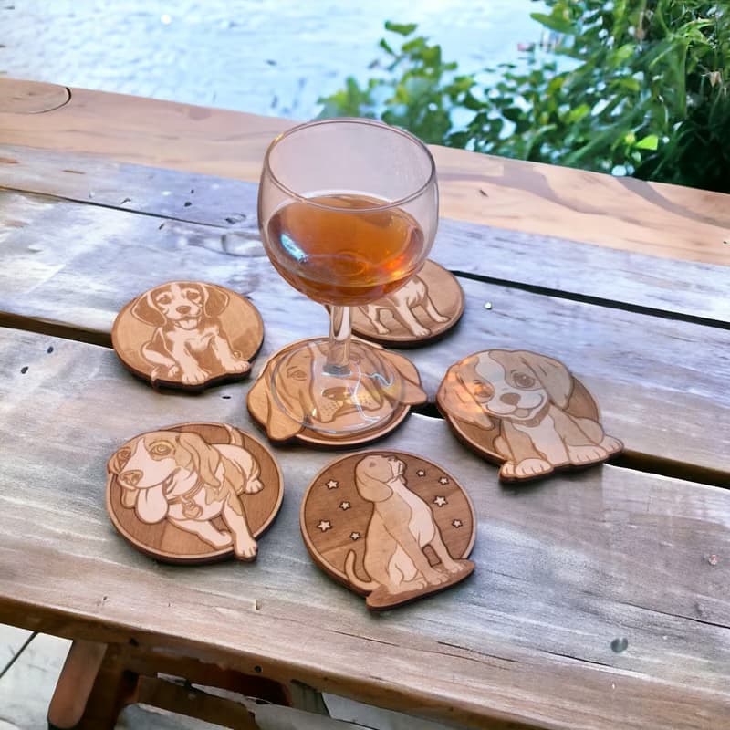 Beagle Wooden Coaster Set – Beagle Dog Breed Designs on Wooden Drink Coasters