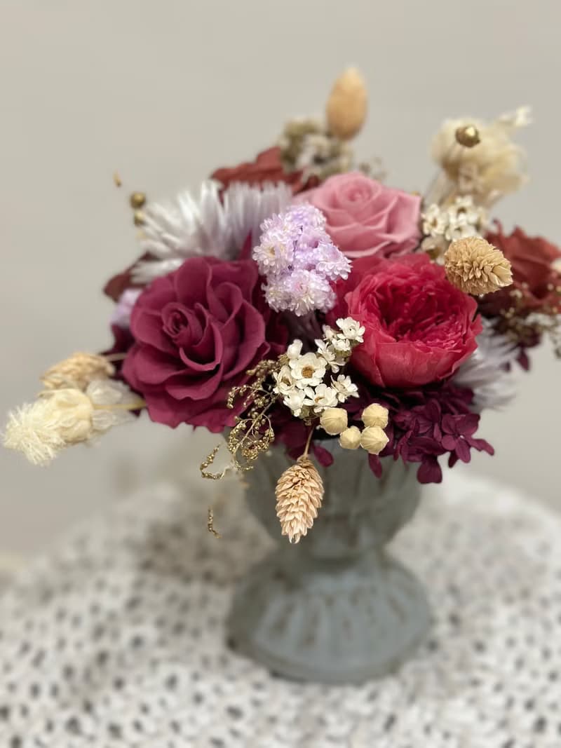 高貴優雅永生花盆花 復古紅 開幕花禮 畢業禮物 情人節送禮