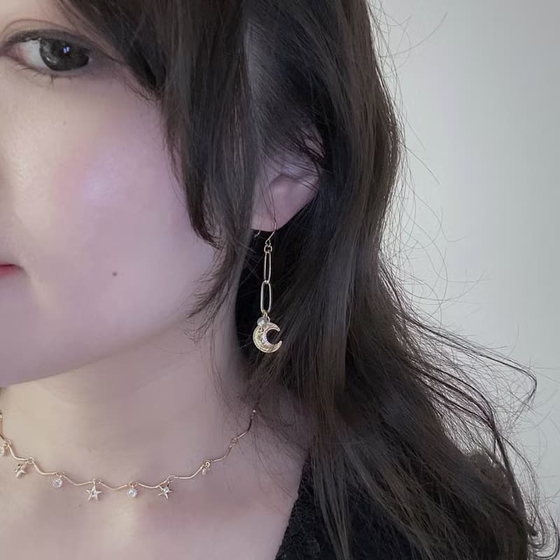 月亮鏈條珍珠耳環 月亮耳環 免費改耳夾