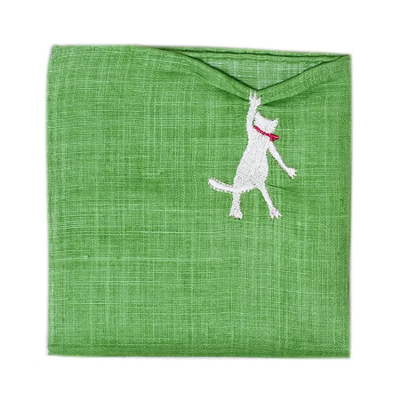 HIKKOMI 猫　グリーン　ハンカチ　41×41cm　綿50% 麻50%　日本製　ギフト