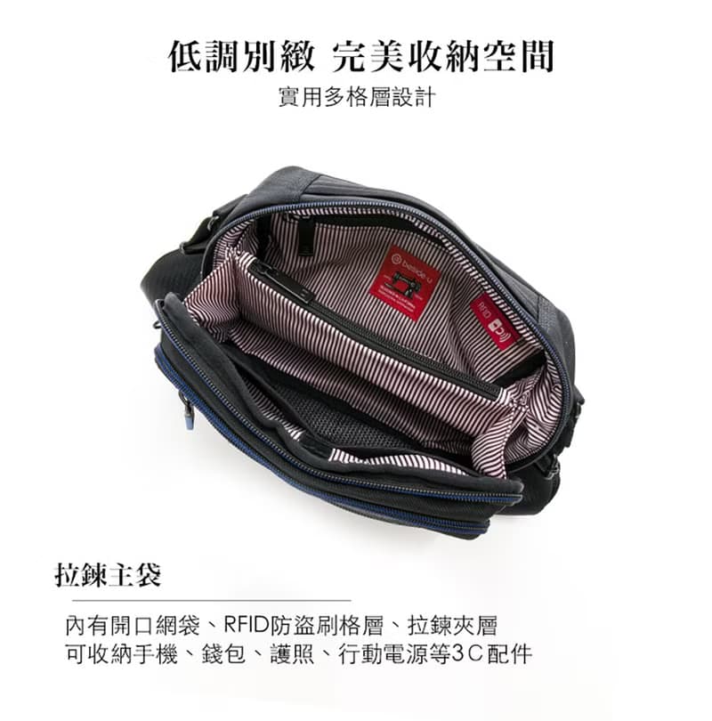 機能側背包 輕量多格層 防盜斜背包 黑色 藍色