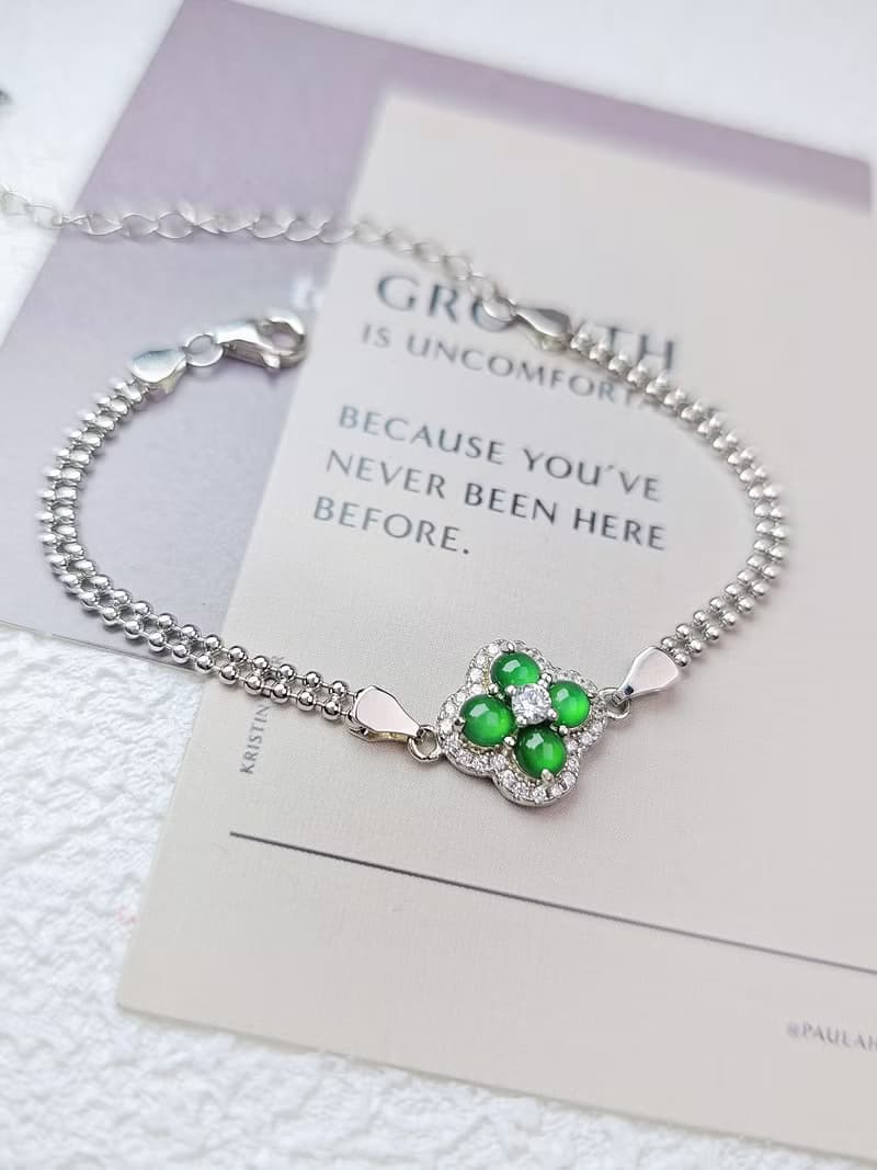 |幸運草|A貨翡翠冰玻放光陽綠蛋面純銀鍍18k四葉草雙層圓珠手鏈