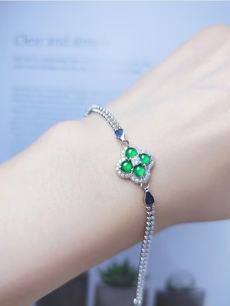 |幸運草|A貨翡翠冰玻放光陽綠蛋面純銀鍍18k四葉草雙層圓珠手鏈