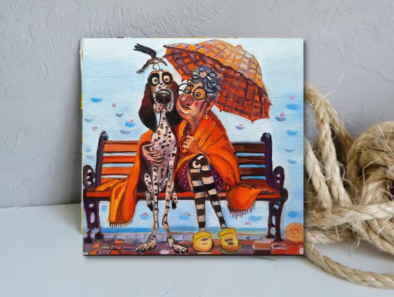 Woman and Dog Painting Original Art Small  Oil Painting on Cardboard