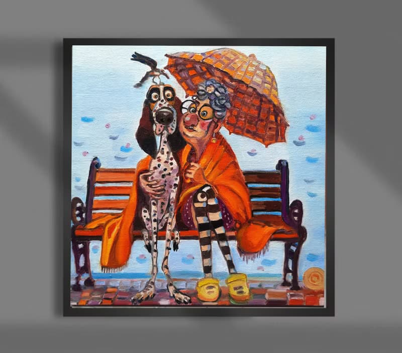 Woman and Dog Painting Original Art Small  Oil Painting on Cardboard