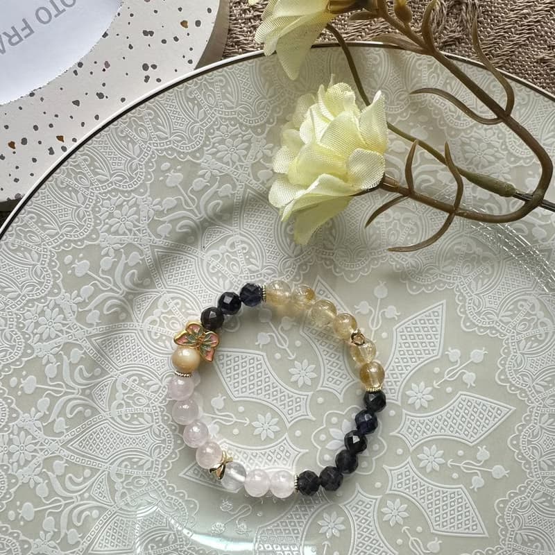 黃金蝴蝶招財粉色彈性手鍊