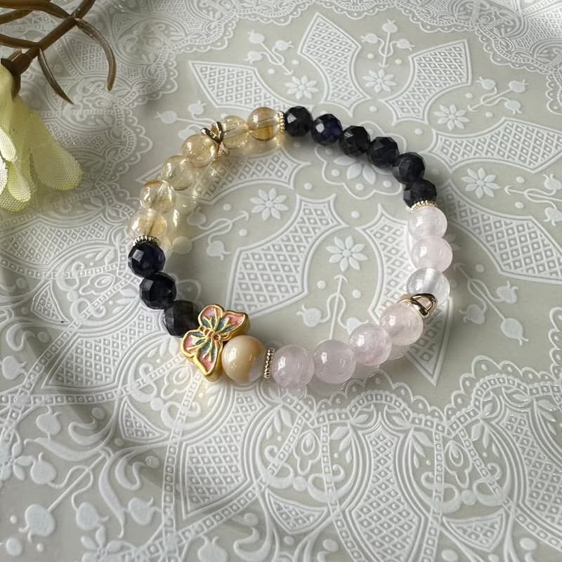 黃金蝴蝶招財粉色彈性手鍊