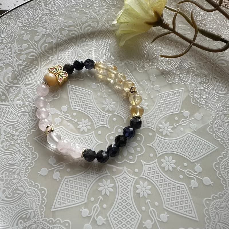 黃金蝴蝶招財粉色彈性手鍊