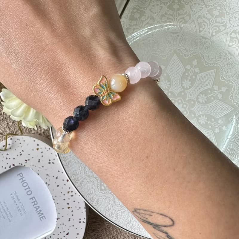 黃金蝴蝶招財粉色彈性手鍊