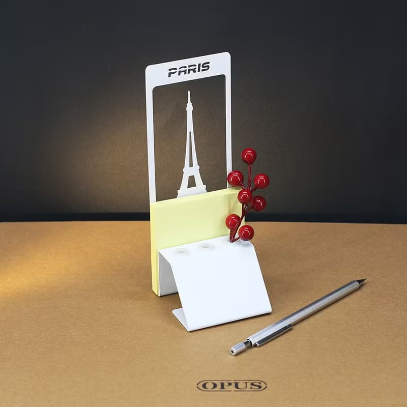 【OPUS東齊金工】巴黎鐵塔-便條筆座(白)/歐式鐵藝城市建築筆架