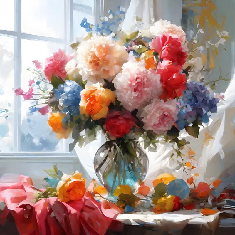 【數位】Hand Painted Bouquet of Flowers, Oil Painting, Acrylic Painting, still life art